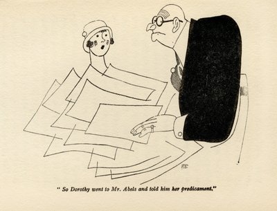 „Dorothy tedy šla za panem Abelsem a řekla mu svou těžkou situaci“, ilustrace z knihy „Ale pánové si berou brunety“ od Anity Loos, vydané v roce 1928 od Ralph Barton